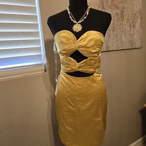 Strapless Yellow Cutout Satin Dress